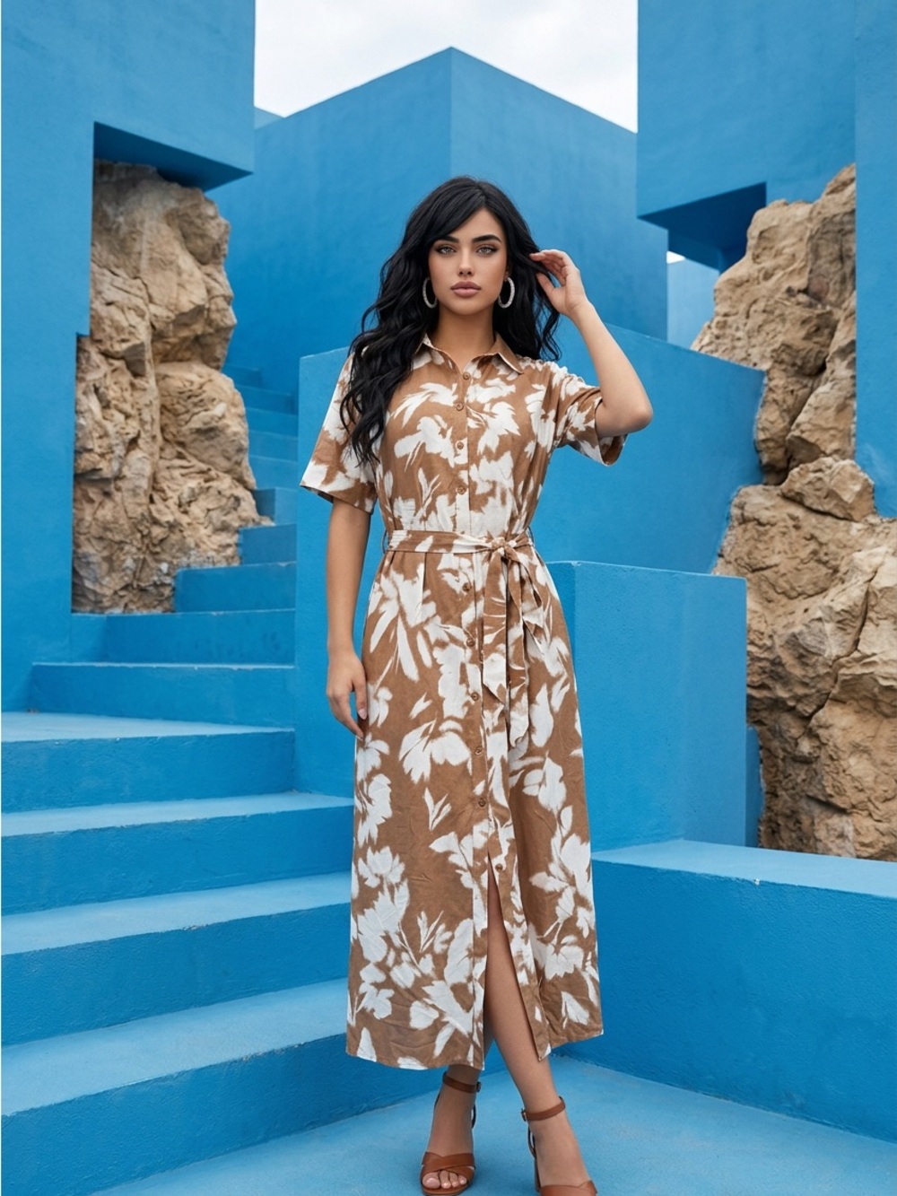 Worthington Brown and White Floral Maxi Shirt Dress